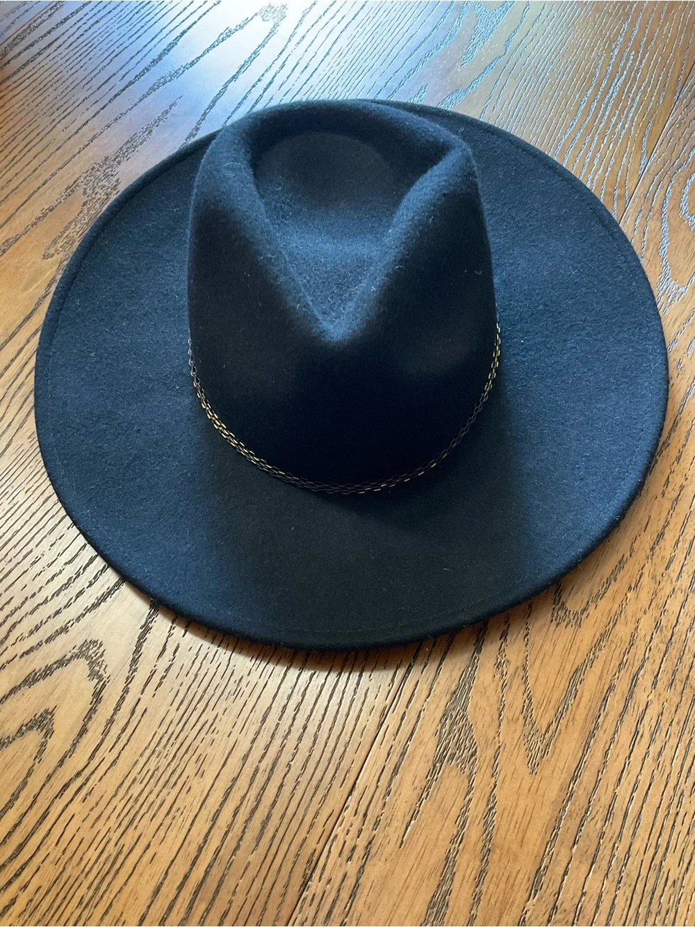 Zara Black Wide-Brim Wool with braided Gold Chain trim. Size OS